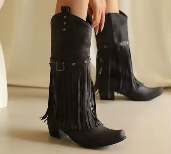 Women Fashion Fringe Tassel Knee High Western Boots