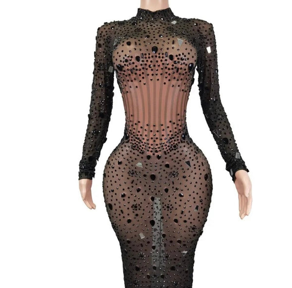 Women Sexy Crystal Gem Mesh Full Sleeve Short/Maxi Dress