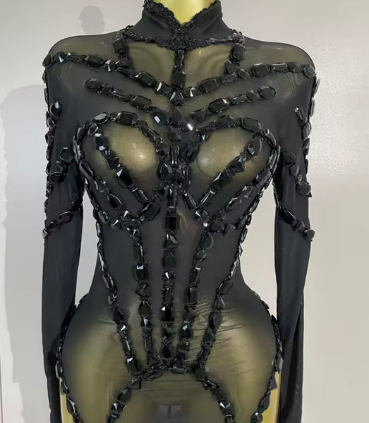 Women Mesh Crystal Full Sleeve Sexy Bodysuit Jumpsuit