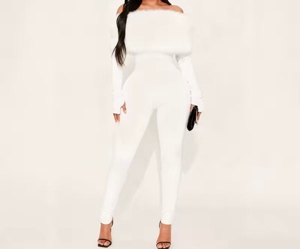 Women Fur Off The Shoulder Full Sleeve Fashion Jumpsuit