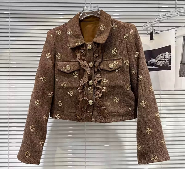 Women Brown Sequins Full Sleeve Blazer Two Piece Skirt Set