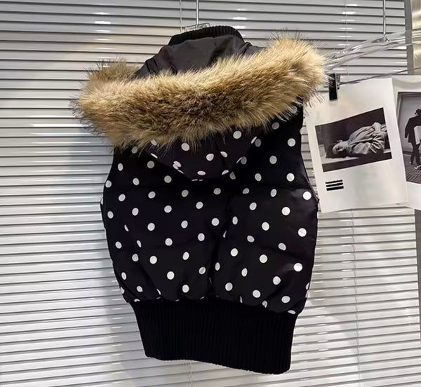 Women B&W Polka Dot Fur Hooded Zip Up Puff Vest Jacket