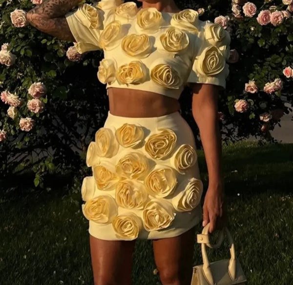 Women Yellow 3D Floral Sexy Short Sleeve Two Piece Skirt Set