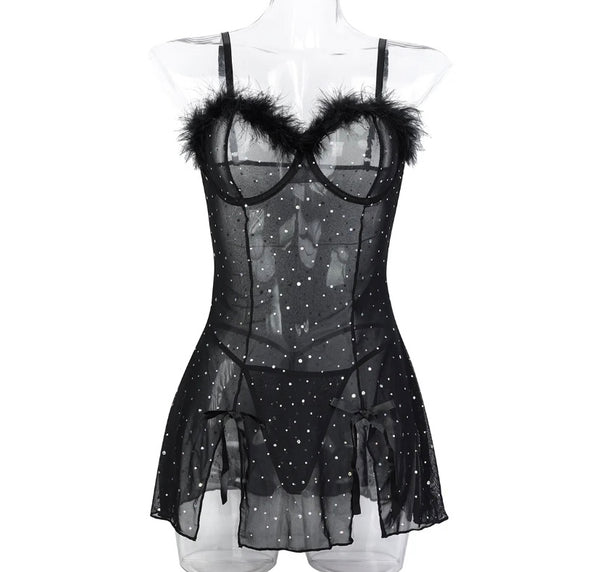 Women Black Bling Mesh Sexy Sleeveless Nightgown Lingerie Set
