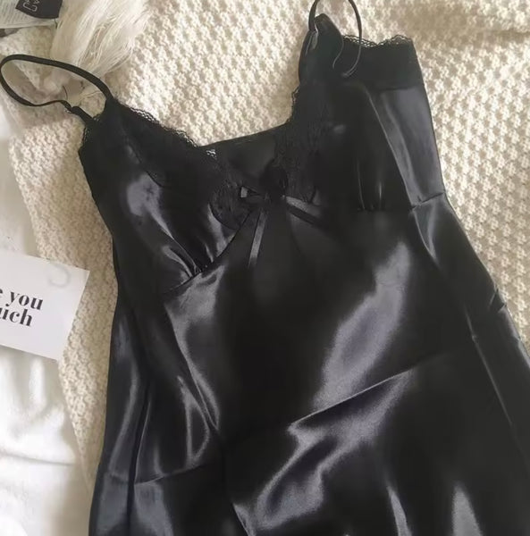 Women Satin Sleeveless Lace Bow Sexy Nightgown Lingerie