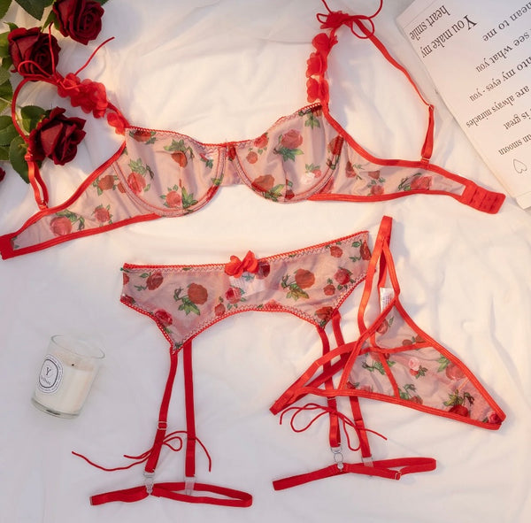 Women Sexy Red Rose Print Mesh Lingerie Set