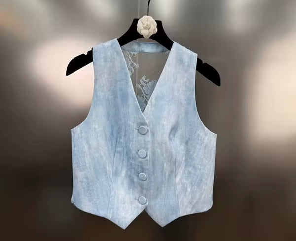 Women Button Up Sleeveless Mesh Vest Two Piece Short Set