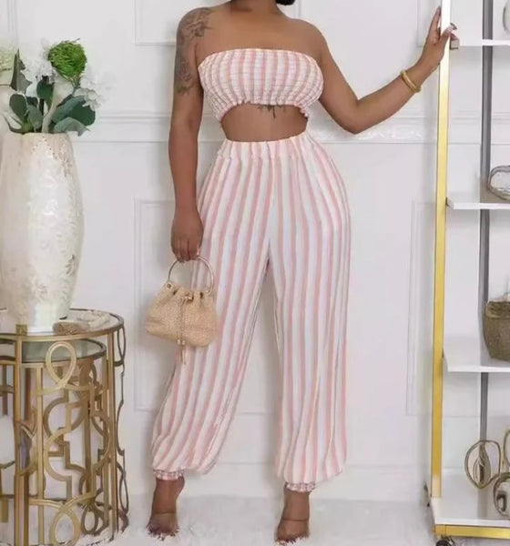 Women Sexy Strapless Striped Crop Two Piece Pant Set