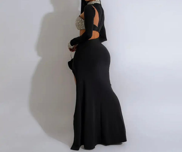 Women Sexy Bling Patchwork Full Sleeve Side Split Maxi Dress