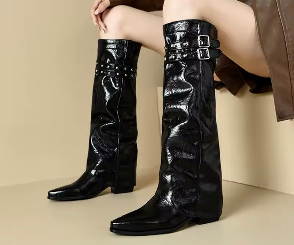 Women Fashion Patent Leather Buckled Detachable Knee High Boots