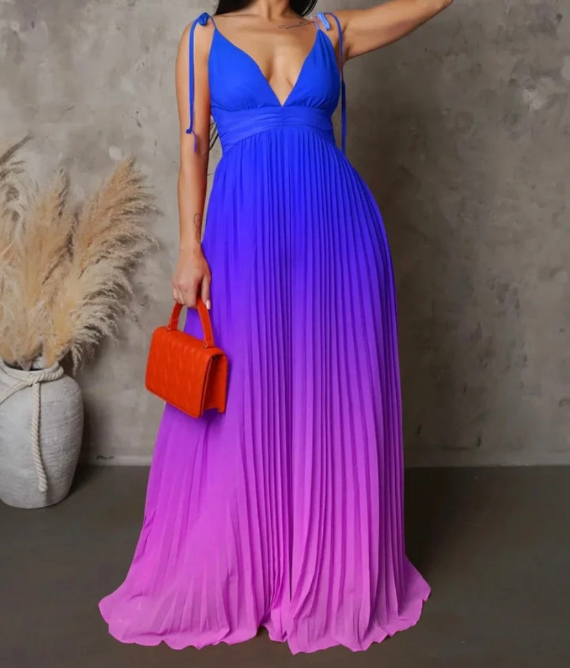 Women Sexy Sleeveless Gradient Pleated Maxi Dress