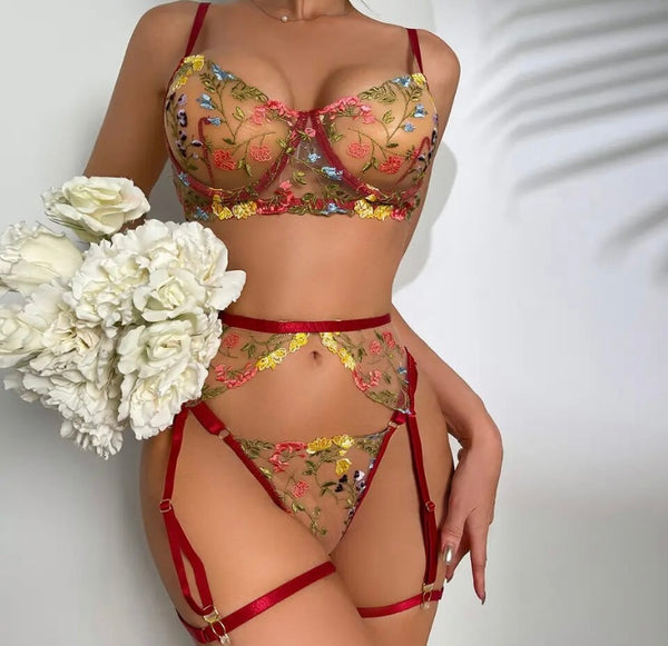 Women Sexy Colorful Floral Mesh Lingerie Set