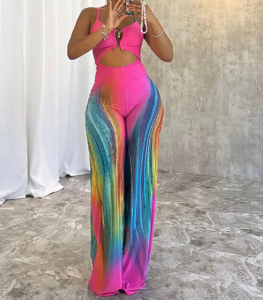 Women Sexy Sleeveless Pink Rainbow Jumpsuit