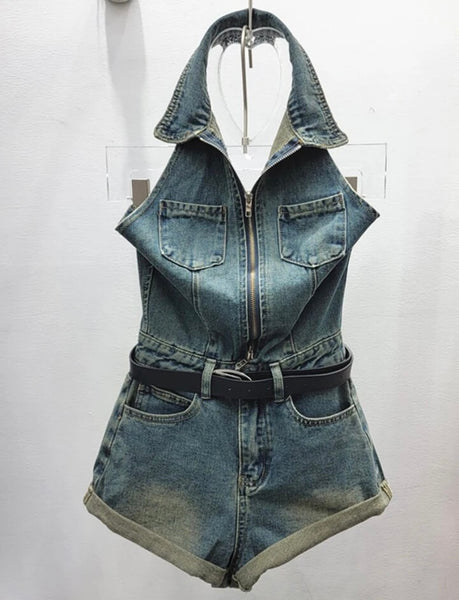 Women Sexy Fashion Halter Sleeveless Denim Romper