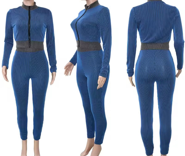 Women Zip Up Striped Full Sleeve Fashion Two Piece Pant Set