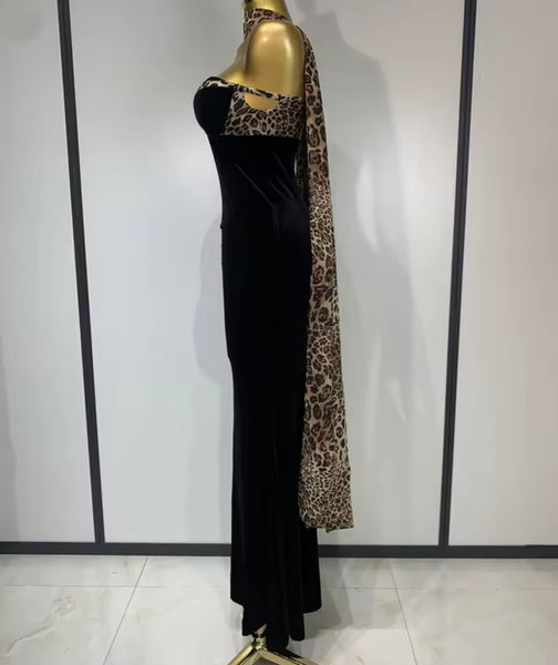 Women Sexy Strapless Black Leopard Patchwork Velvet Maxi Dress