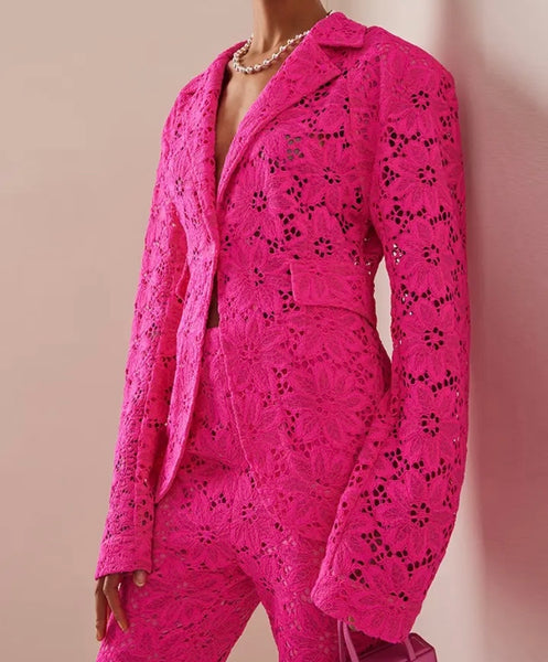 Women Pink Sexy Lace Two Piece Blazer Pant Set