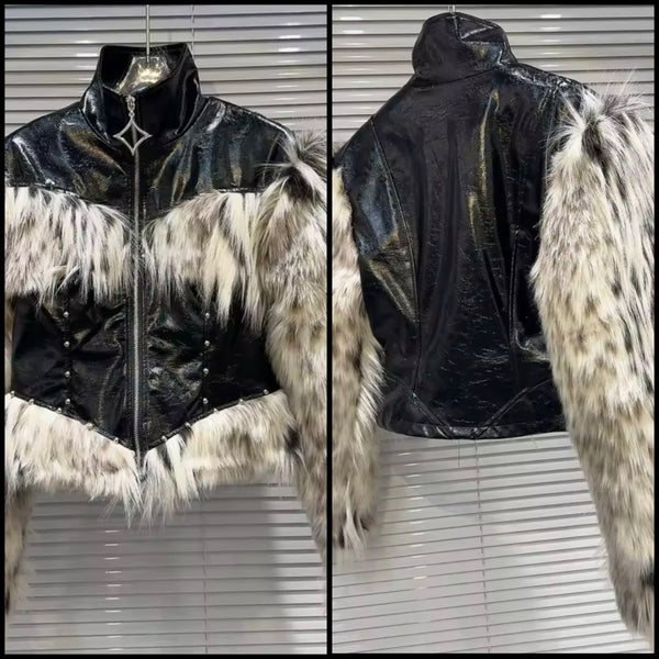 Women Fashion Fur Patchwork PU Leather Zip Up Jacket