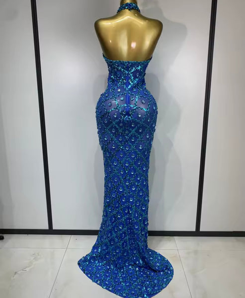 Women Blue Halter Sleeveless Sexy See Through Maxi Dress