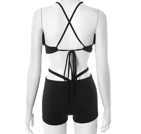 Women Black Sexy Sleeveless Feather Cut Out Romper