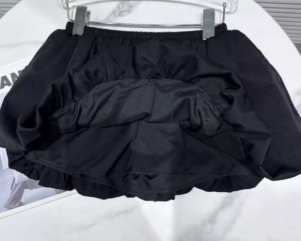 Women Collar Rivet Short Sleeve Black Two Piece Skirt Set