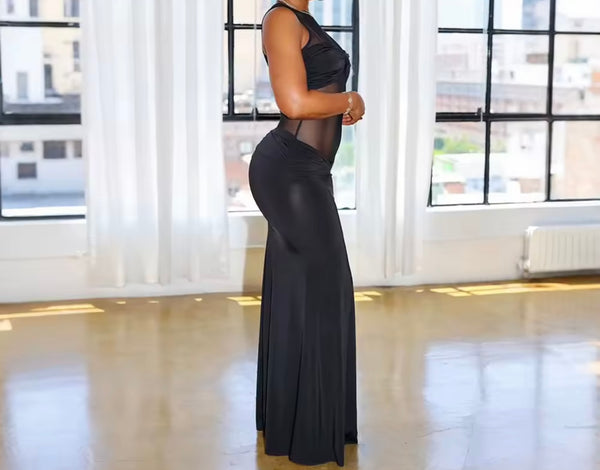 Women Sexy Sleeveless Mesh Patchwork Black Maxi Dress