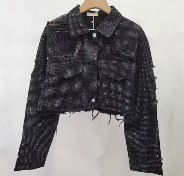 Women Fashion Ripped Bling Denim Jacket Two Piece Short Set