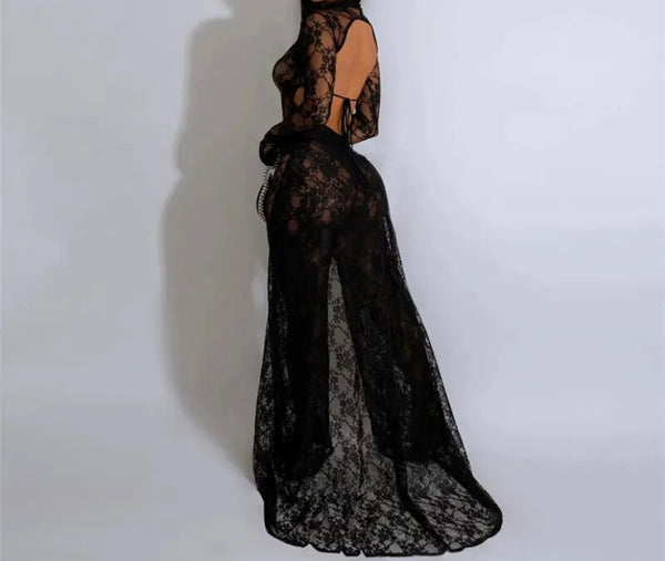 Women Sexy Black Lace Glove Full Sleeve Open Back Asymmetrical Jumpsuit