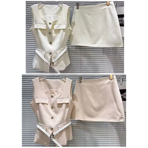 Women Pocket Belted Sleeveless Fashion Two Piece Skirt Set