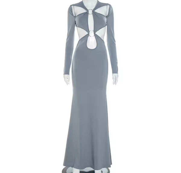 Women Sexy Gray Cut Out Full Sleeve Open Back Maxi Dress