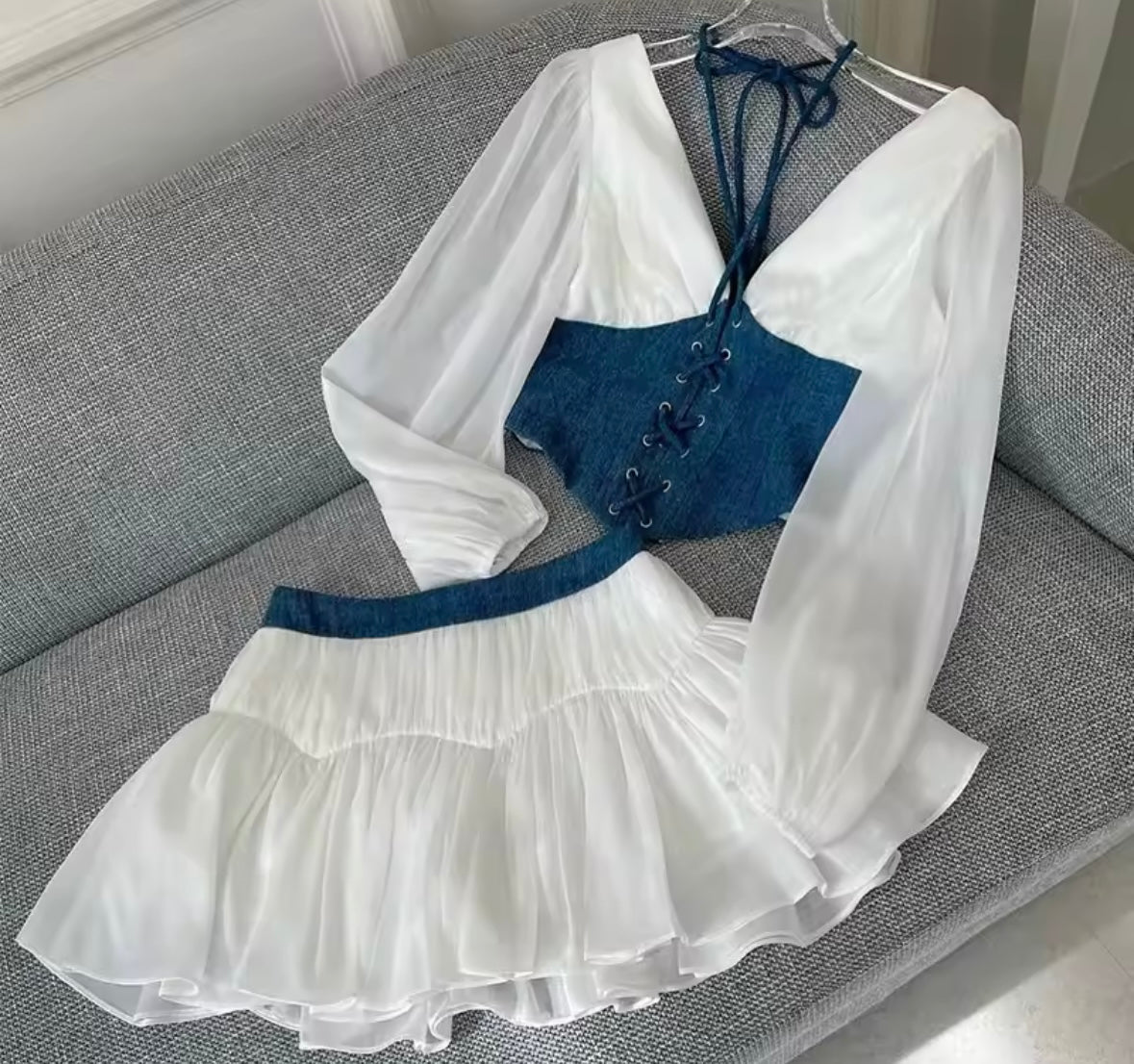 Women Color Patchwork Full Sleeve Two Piece Skirt Set