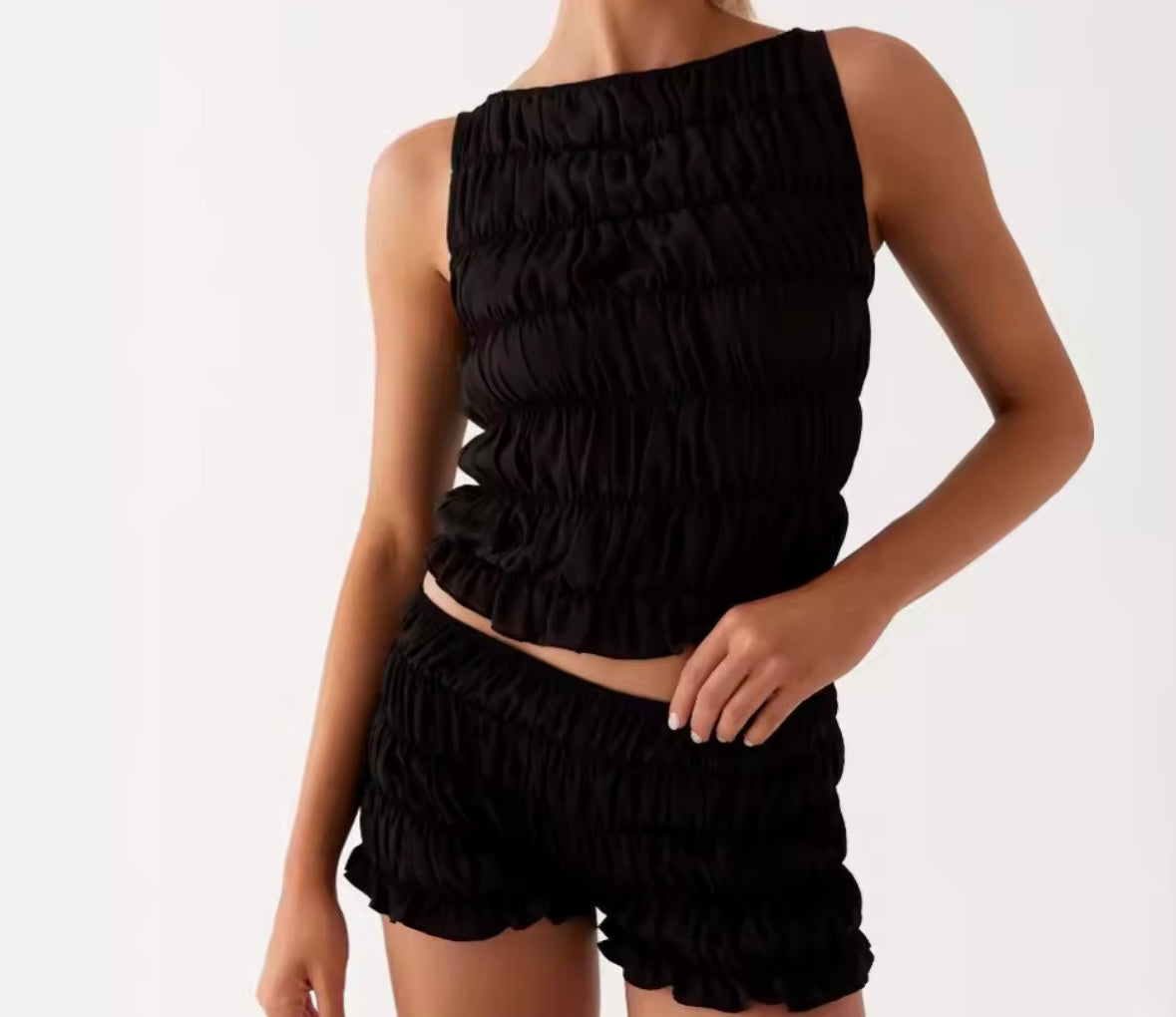 Women Sleeveless Solid Color Ruffled Crop Two Piece Short Set