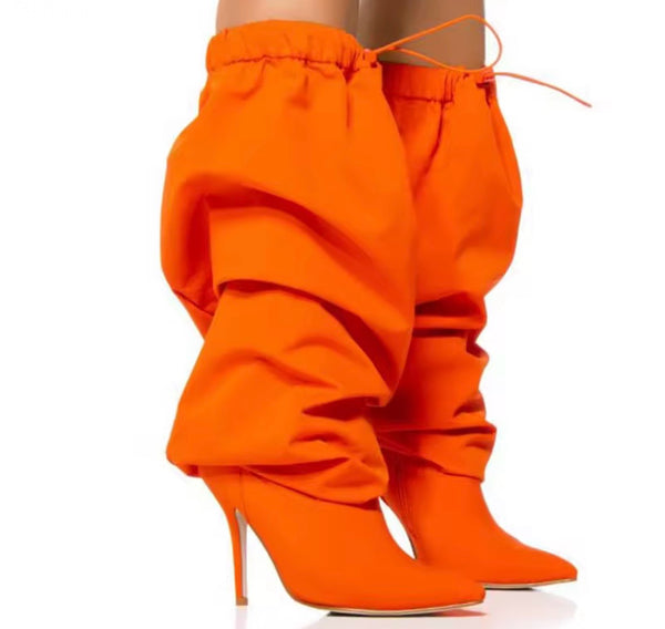 Women Fashion Orange Ruched Drawstring Over The Knee Boots