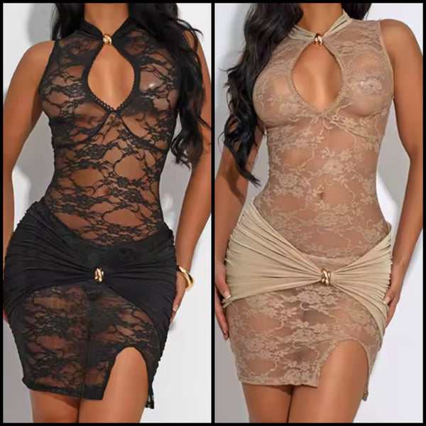 Women Sexy Sleeveless Lace Wrap Ruched Dress