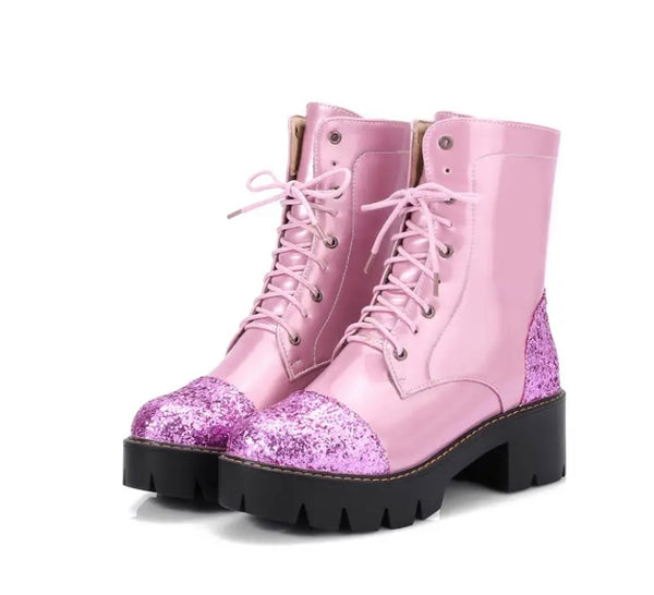 Women Fashion Patent Leather Sequins Patchwork Lace Up Ankle Boots