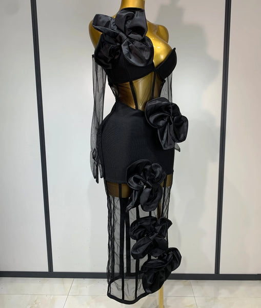Women Sexy Black One Shoulder 3D Floral Mesh Maxi Dress