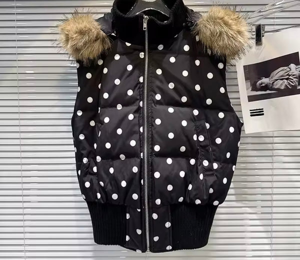 Women B&W Polka Dot Fur Hooded Zip Up Puff Vest Jacket