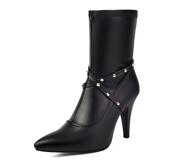 Women Color Pointed Toe Criss-Cross Rivet High Heel Ankle Boots