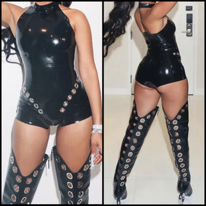 Women Sexy Black PU Metal Cut Out Sleeveless Romper