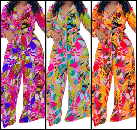 Women Fashion Button Up Floral Full Sleeve Two Piece Pant Set