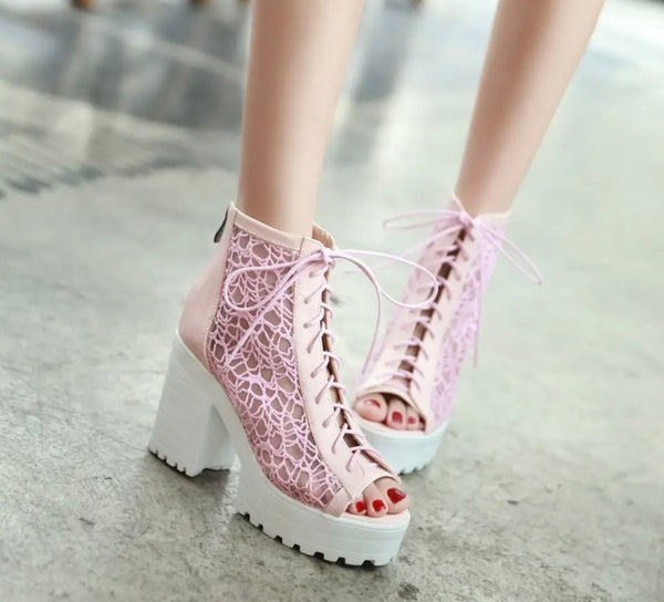 Women Fashion Open Toe Lace Platform Tie Up Ankle Boots