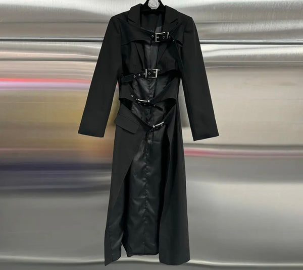 Women Fashion Black Buckled Trench Jacket