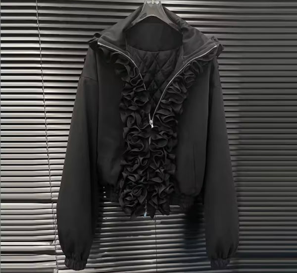 Women Fashion Black Ruffled Zip Up Jacket Two Piece Skirt Set