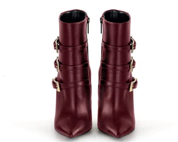 Women Fashion Pointed Toe Faux Leather Triple Buckle Ankle Boots