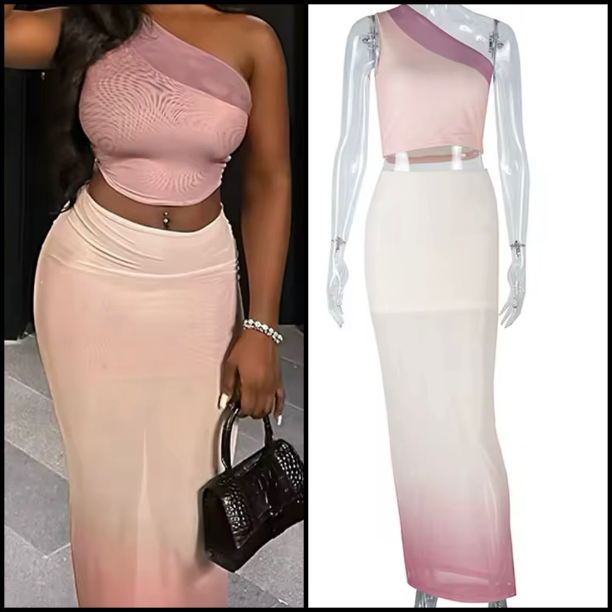 Women Sexy One Shoulder Sleeveless Gradient Two Piece Maxi Skirt Set