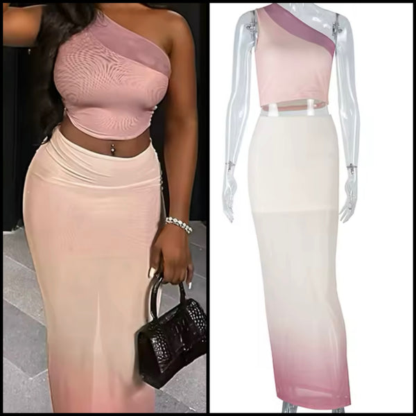 Women Sexy One Shoulder Sleeveless Gradient Two Piece Maxi Skirt Set