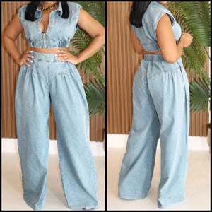 Women Zip Up Sleeveless Fashion Denim Two Piece Pant Set