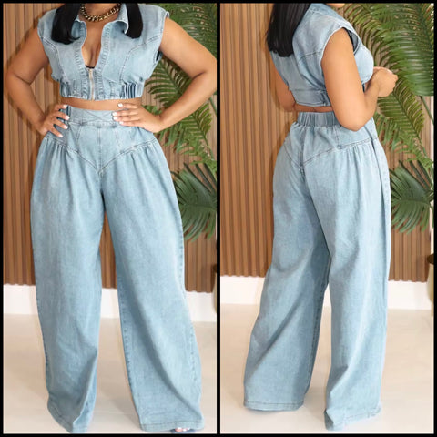 Women Zip Up Sleeveless Fashion Denim Two Piece Pant Set