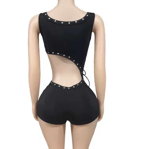 Women Sexy Black Sleeveless Rivet Cut Out Lace Up Romper