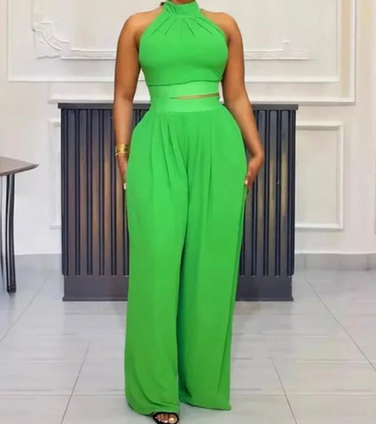Women Solid Color Sleeveless Crop Two Piece Wide Leg Pant Set